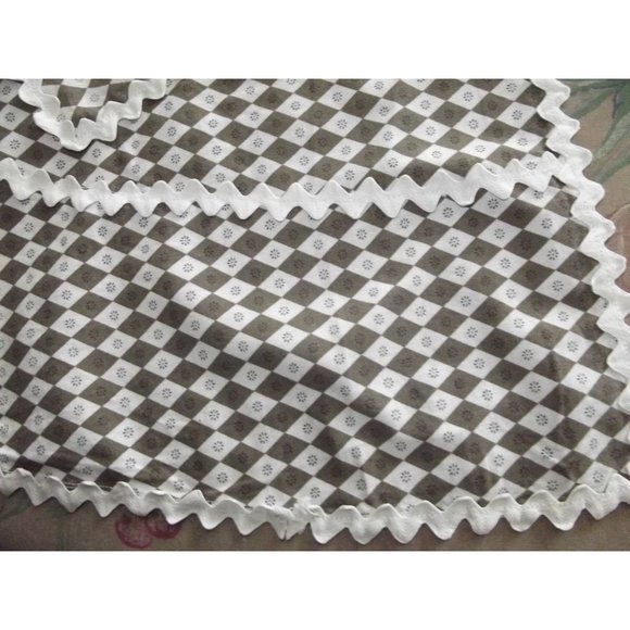 Vintage Apron Brown White Geometric Diamond Print rick rack trim pockets tie bac - Picture 8 of 11